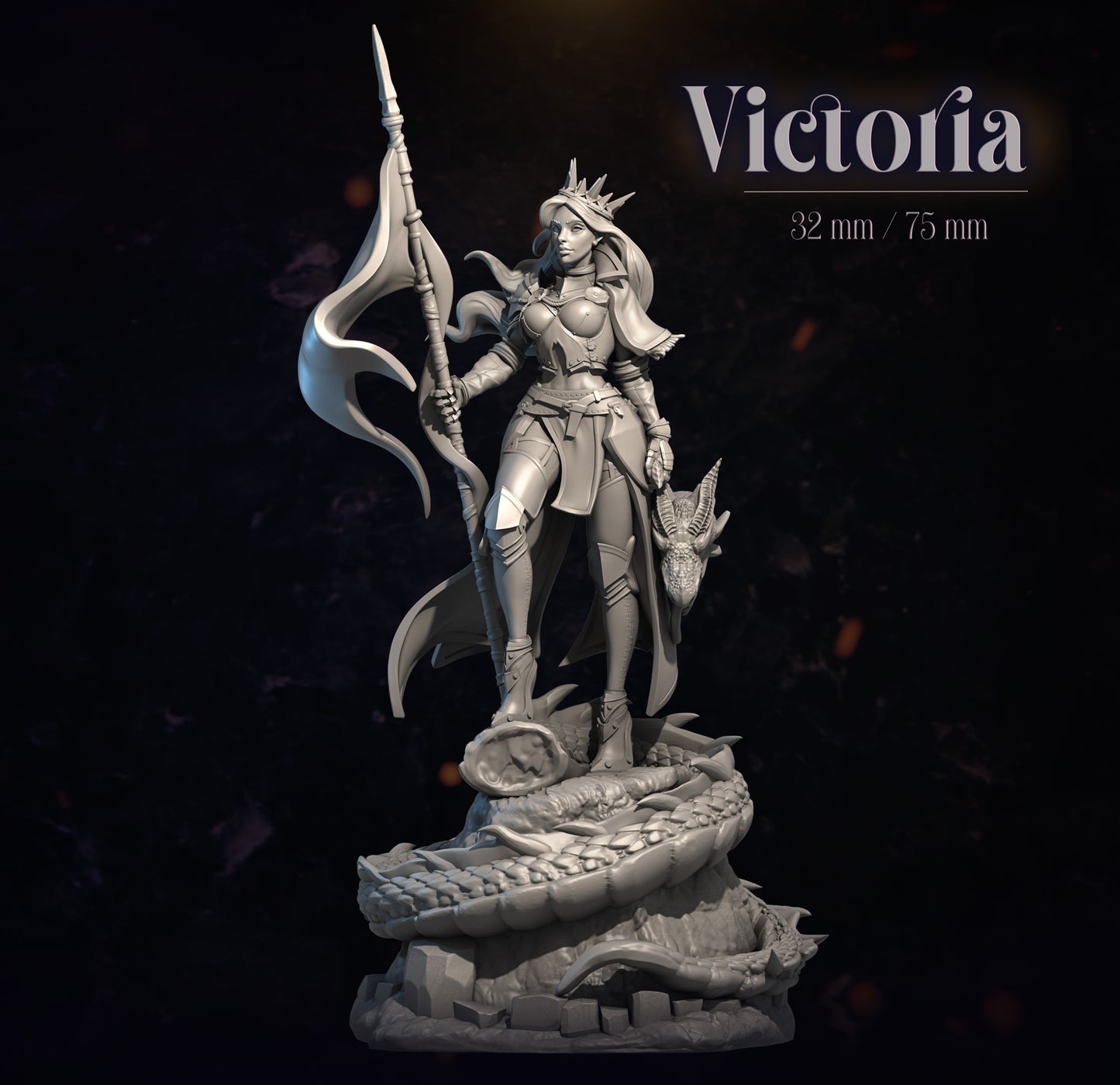 Statue of a warrior with a spear on a dark background, labeled 'Victoria'.