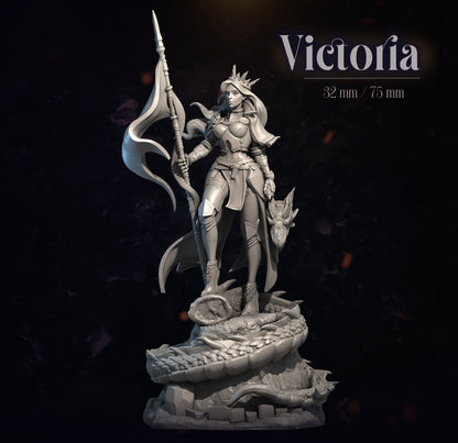 Statue of a warrior with a spear on a dark background, labeled 'Victoria'.