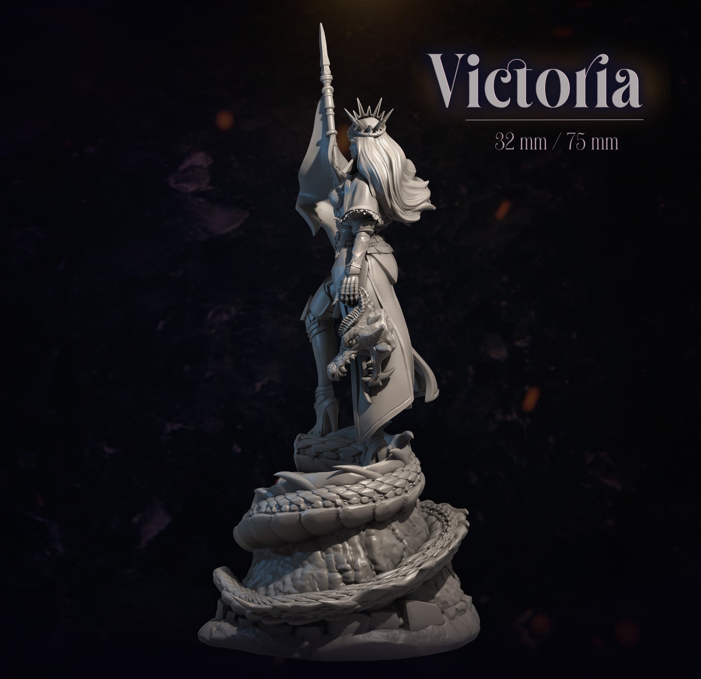 Statue-like figure labeled 'Victoria' with a dark background