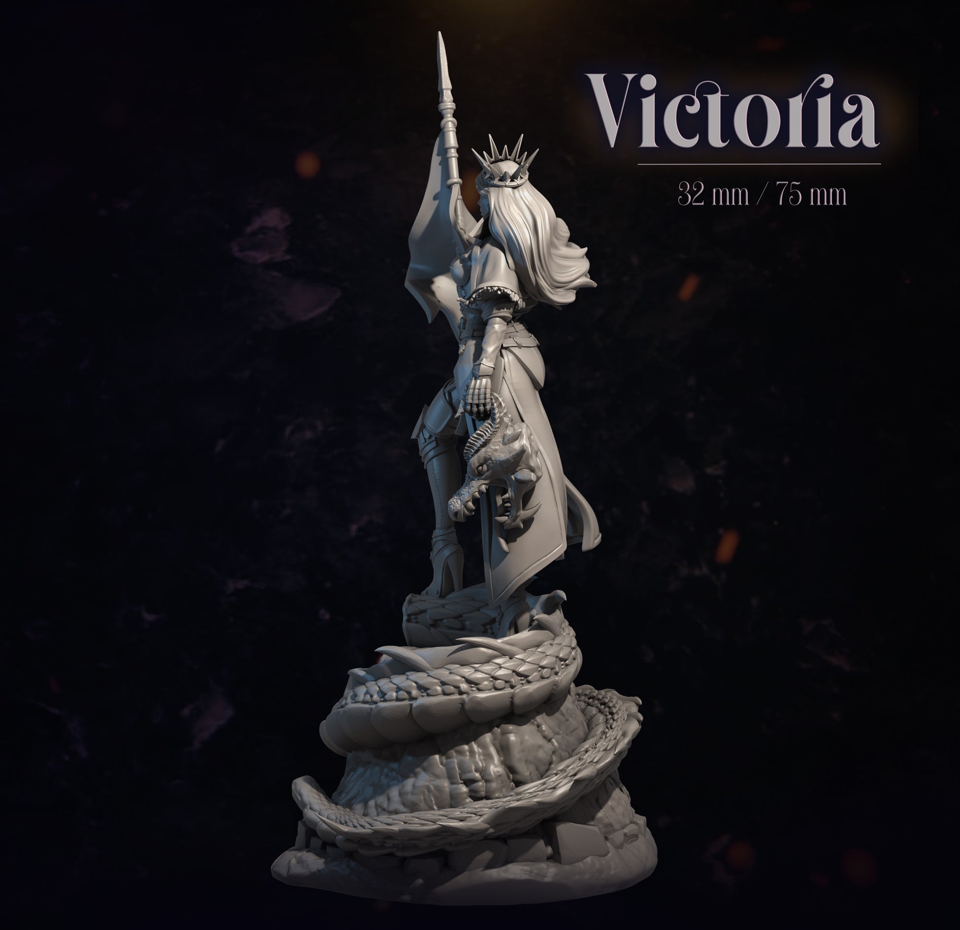 Statue-like figure labeled 'Victoria' with a dark background