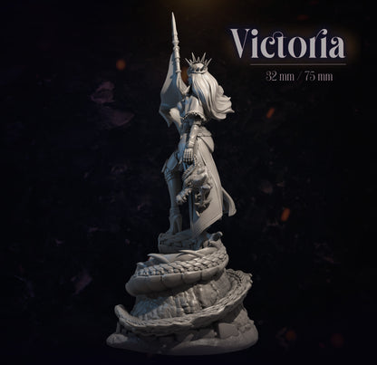Statue-like figure labeled 'Victoria' with a dark background