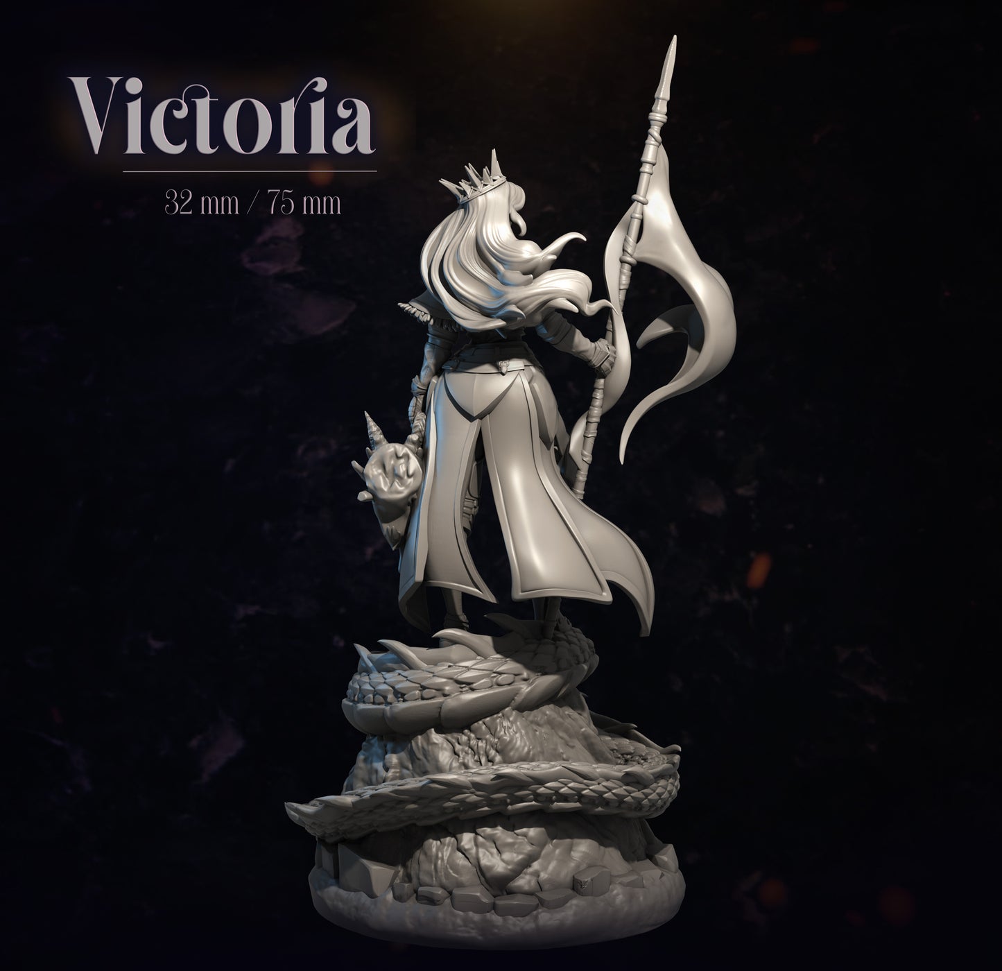 Statue of a fantasy character with a spear on a dark background, labeled 'Victoria'.