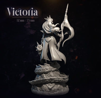 Statue of a fantasy character with a spear on a dark background, labeled 'Victoria'.