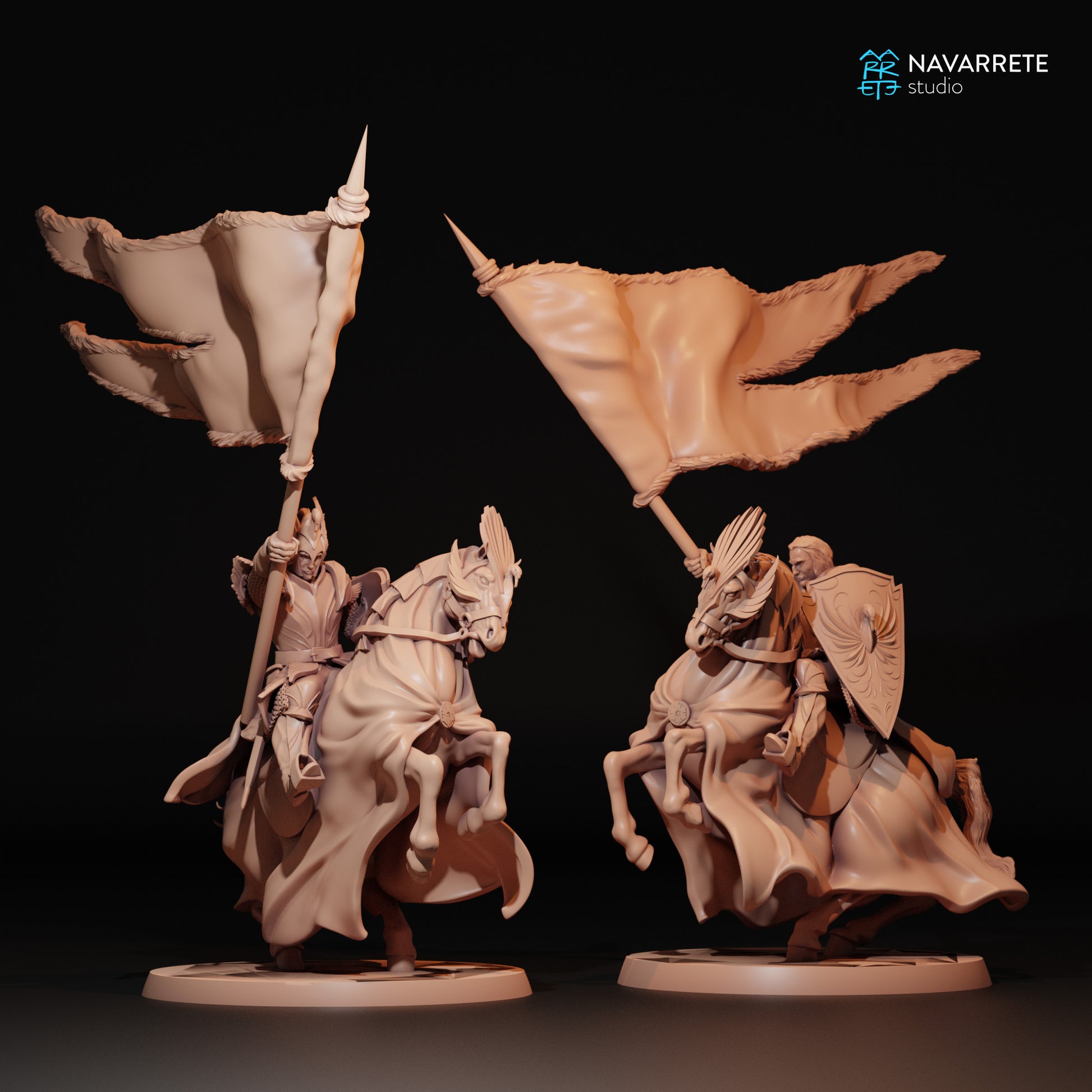 Golden Swan Cavalry miniature from Navarrete Studio for tabletop gaming, featuring detailed horse and rider in dynamic pose.