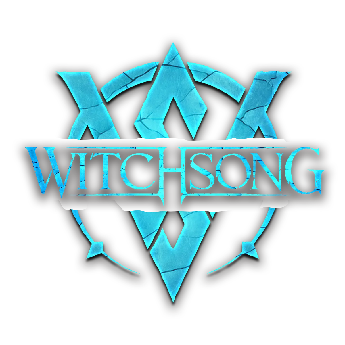 Logo of 'Witchsong' with stylized text and blue geometric design on a white background