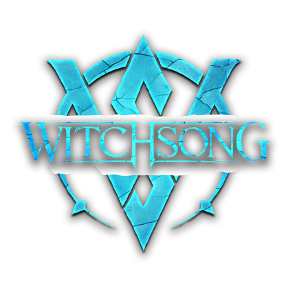 Logo of 'Witchsong' with stylized text and blue geometric design on a white background
